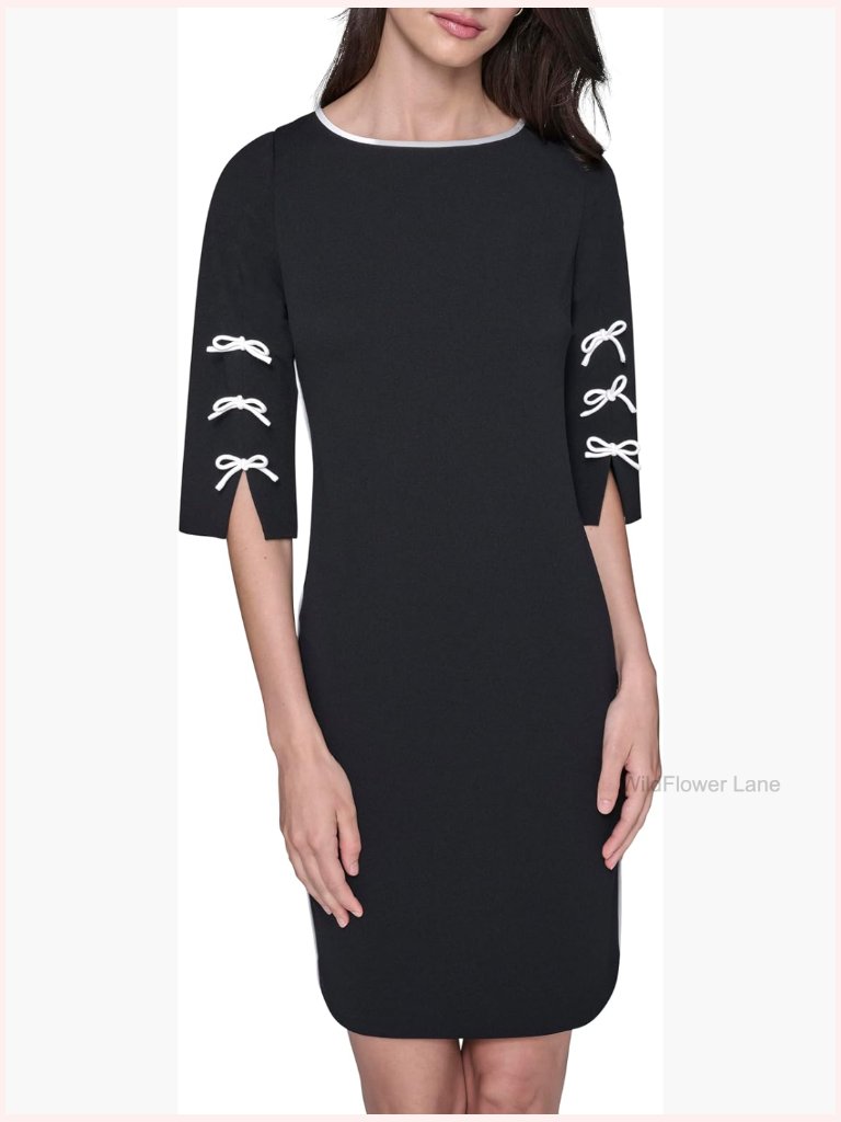 3/4 Sleeve Scuba Crepe Wear To Work Midi Dress Sheath V-Neck